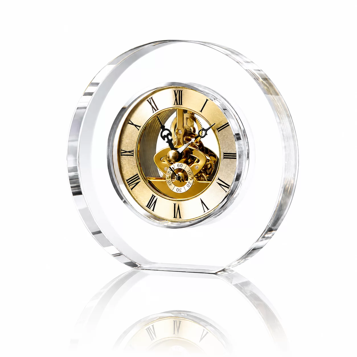 Round Clear Crystal Skeleton Clock – Gold Openwork Roman Numeral Timepiece for Desk & Home Display