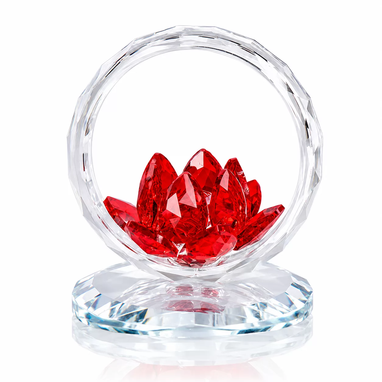 Red Crystal Lotus Flower in Clear Crystal Ring – Elegant Faceted Floral Figurine with Round Base view 3