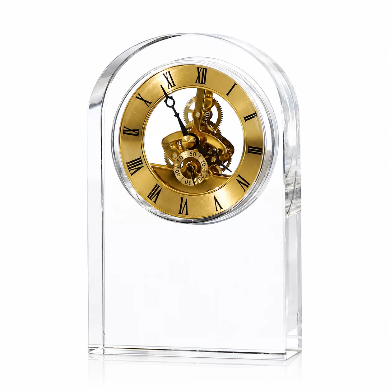 Arched Clear Crystal Skeleton Clock – Gold Roman Numeral Timepiece with Openwork Mechanical-Style Dial
