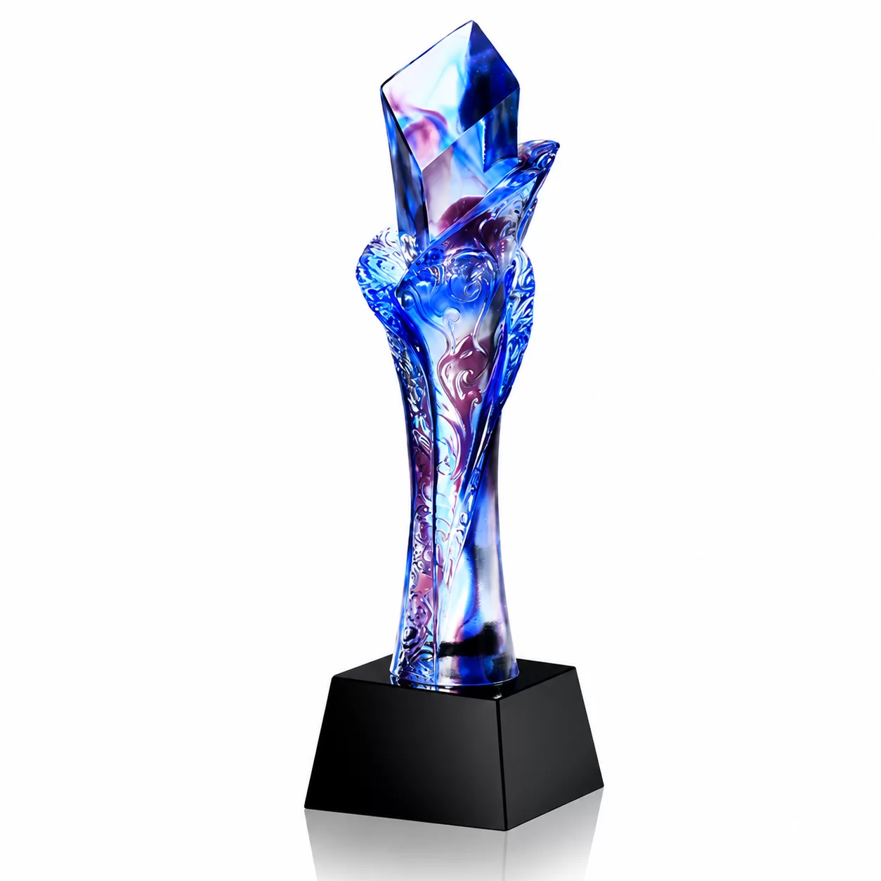 Blue Purple Liuli Glass Flame Trophy with Black Base for Excellence & Achievement Awards