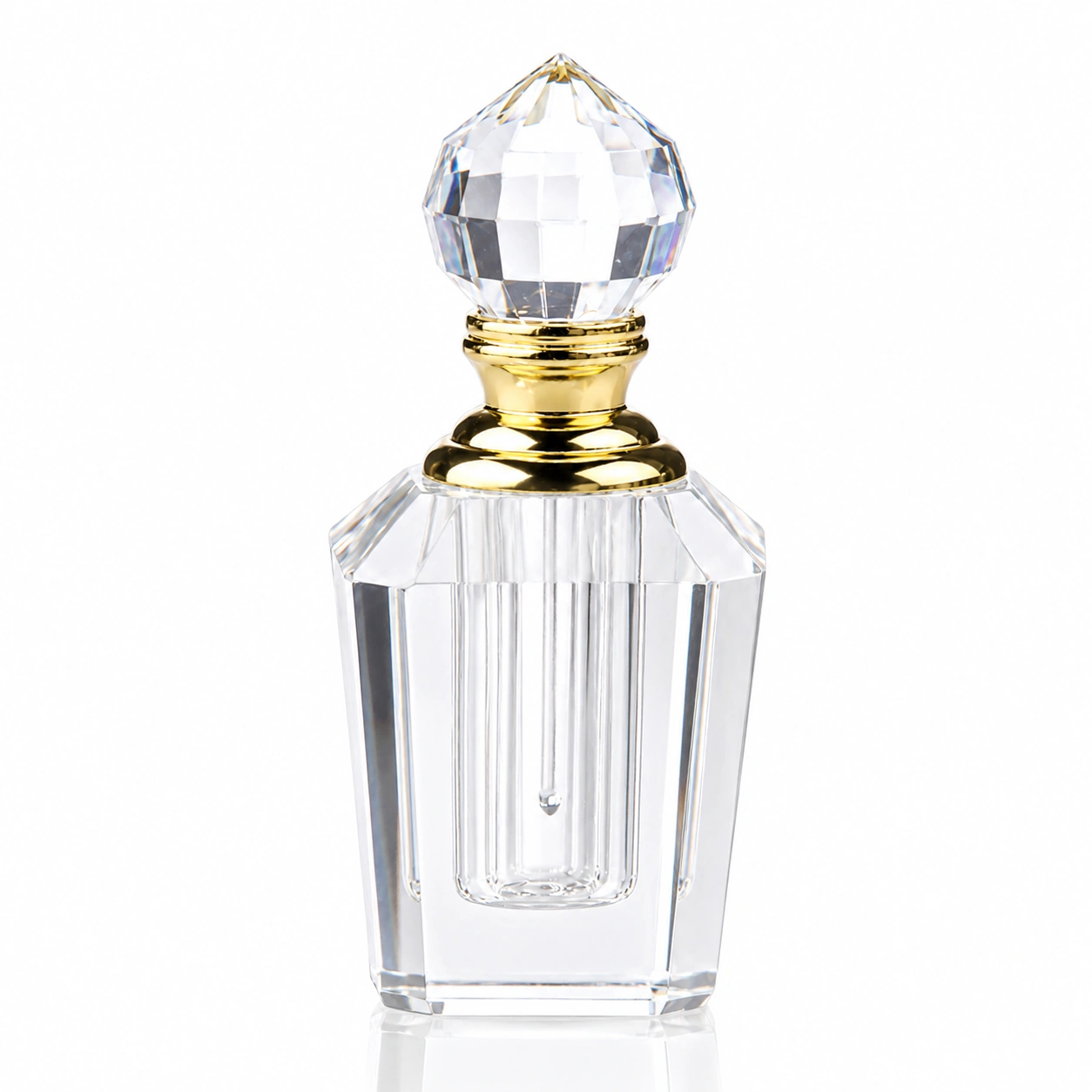 Tall Rectangular Crystal Perfume Bottle with Gold Collar – Fluted Glass Fragrance Bottle with Jewel Stopper
