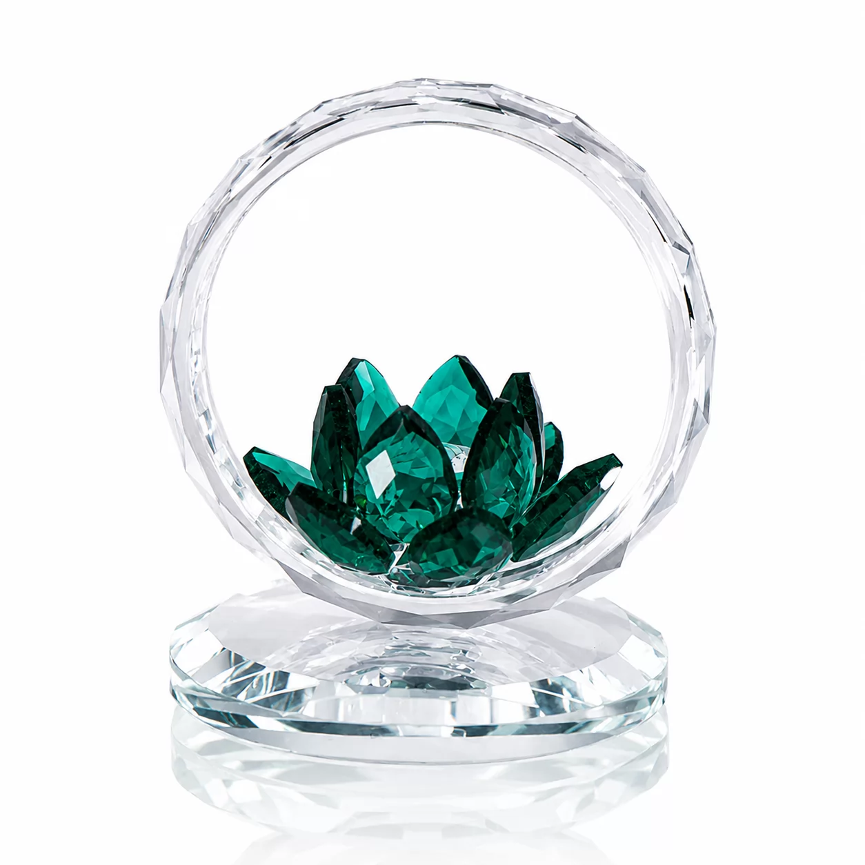 Red Crystal Lotus Flower in Clear Crystal Ring – Elegant Faceted Floral Figurine with Round Base view 5