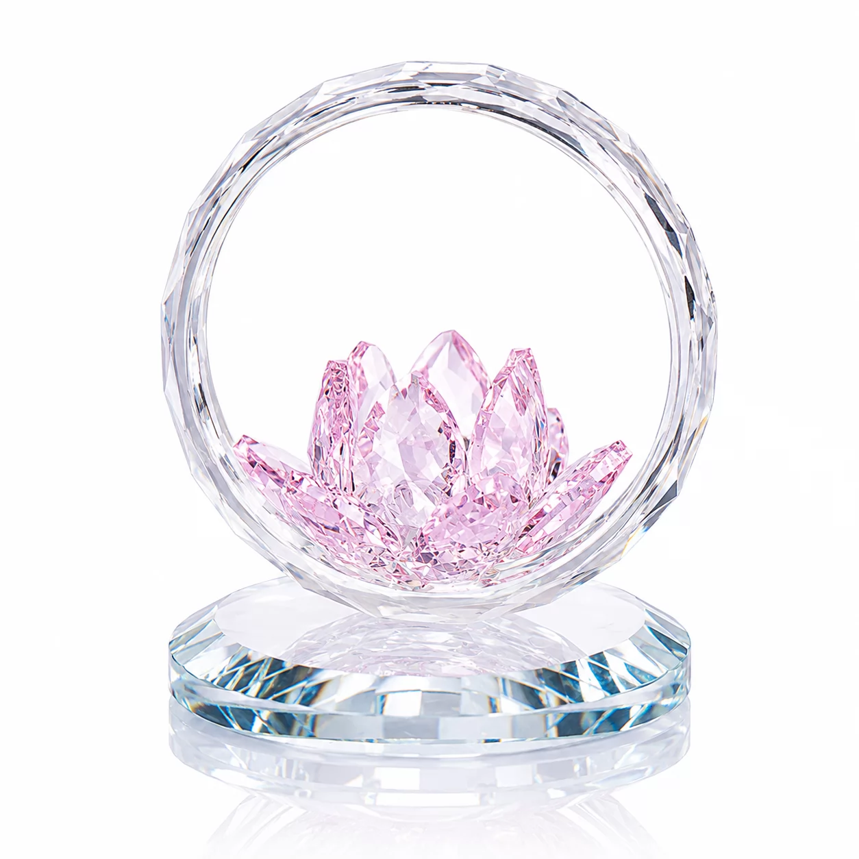 Red Crystal Lotus Flower in Clear Crystal Ring – Elegant Faceted Floral Figurine with Round Base view 6