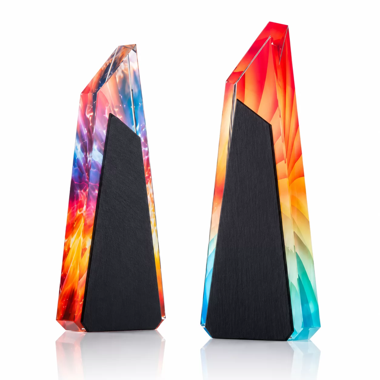 Custom Engraved Color Crystal Award with Bold Geometric Black Accent