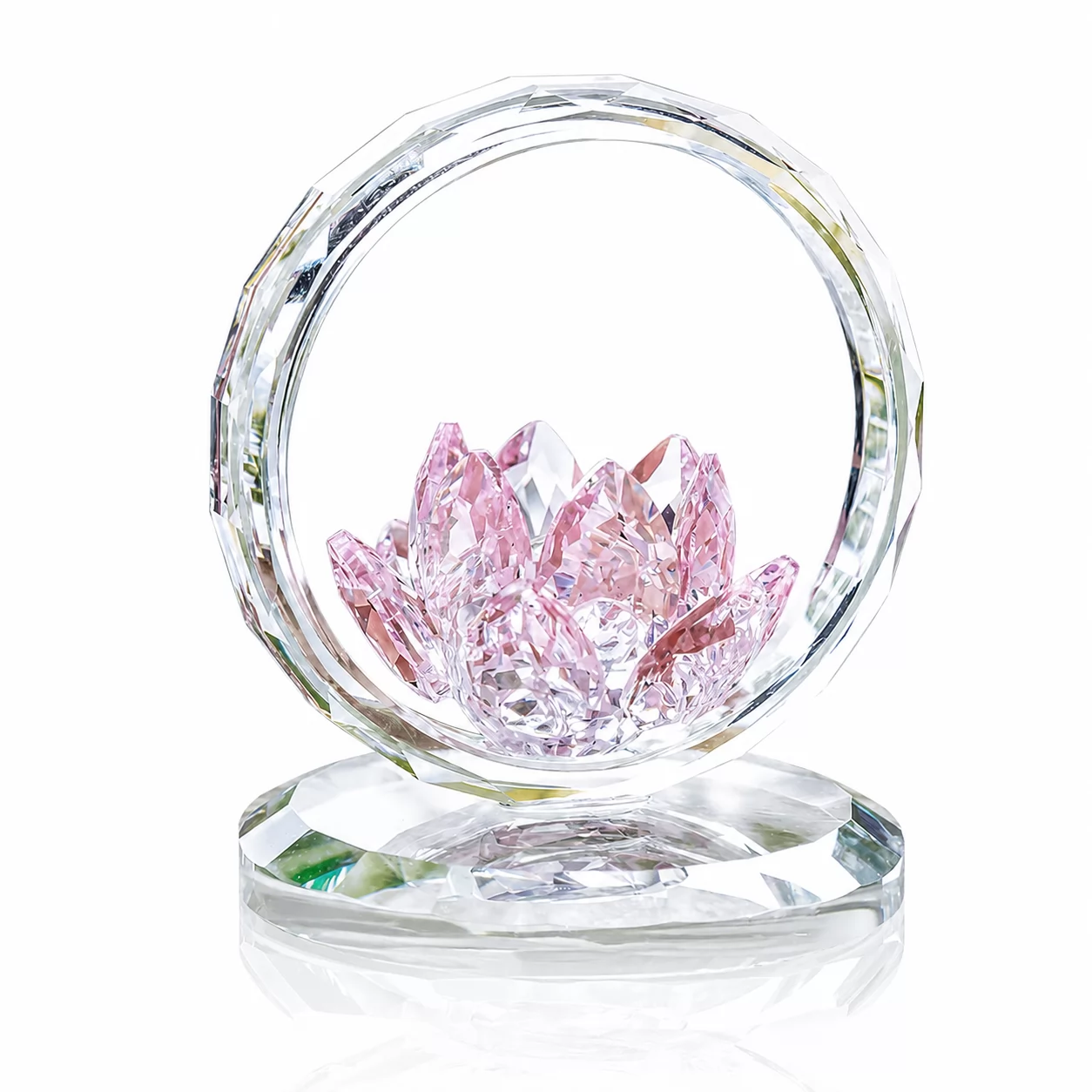 Red Crystal Lotus Flower in Clear Crystal Ring – Elegant Faceted Floral Figurine with Round Base view 2