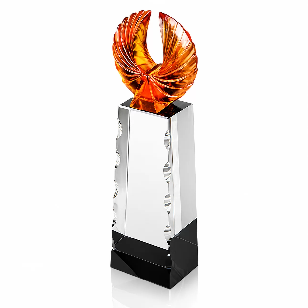 Custom Engraved Crystal Recognition Tower with Amber Flame Art Topper