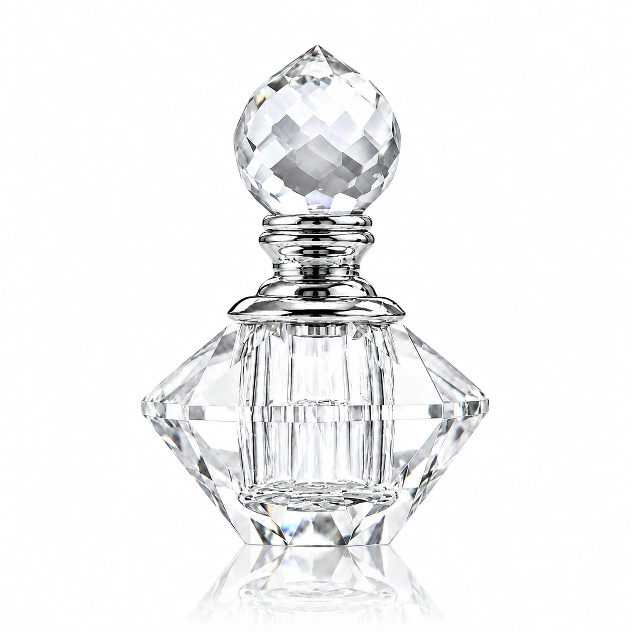Diamond-Shaped Crystal Perfume Bottle with Gold Collar – Faceted Glass Fragrance Bottle with Globe Stopper