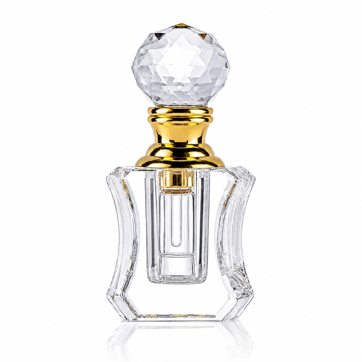 Curved Crystal Perfume Bottle with Gold Accent & Faceted Globe Stopper – Decorative Glass Fragrance Bottle