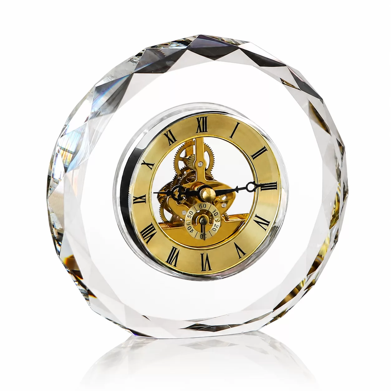 Diamond-Cut Crystal Table Clock with Gold Gear-Style Face – Elegant Office & Home Display