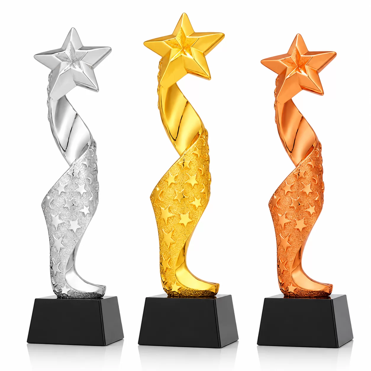 Gold Silver Bronze Star Resin Trophy with Twisted Column for Achievement Awards