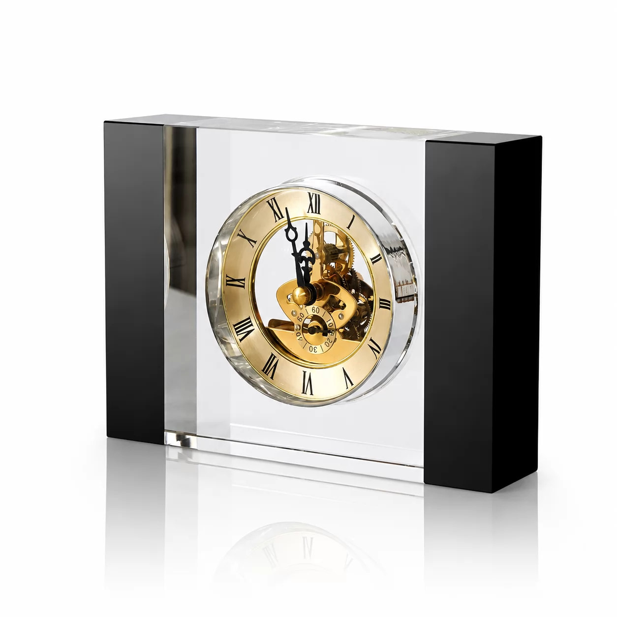 Modern Crystal Desk Clock with Black Side Panels and Gold Mechanical-Style Movement