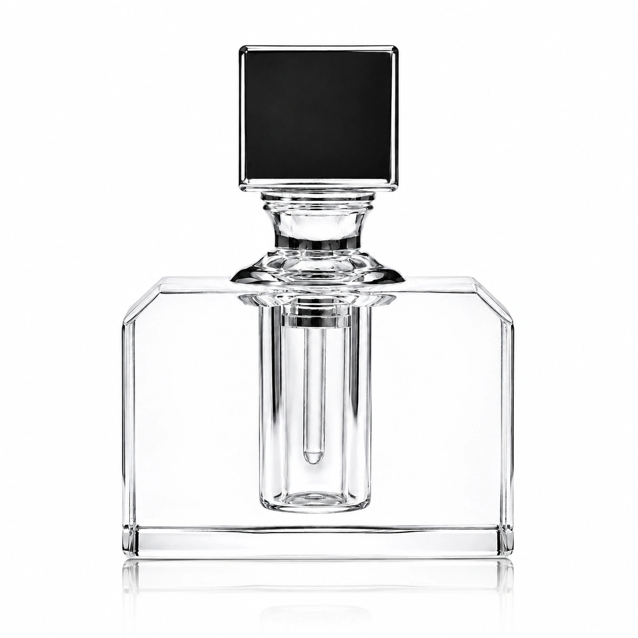 Modern Rectangular Crystal Perfume Bottle with Black Square Stopper – Clear Glass Fragrance Bottle