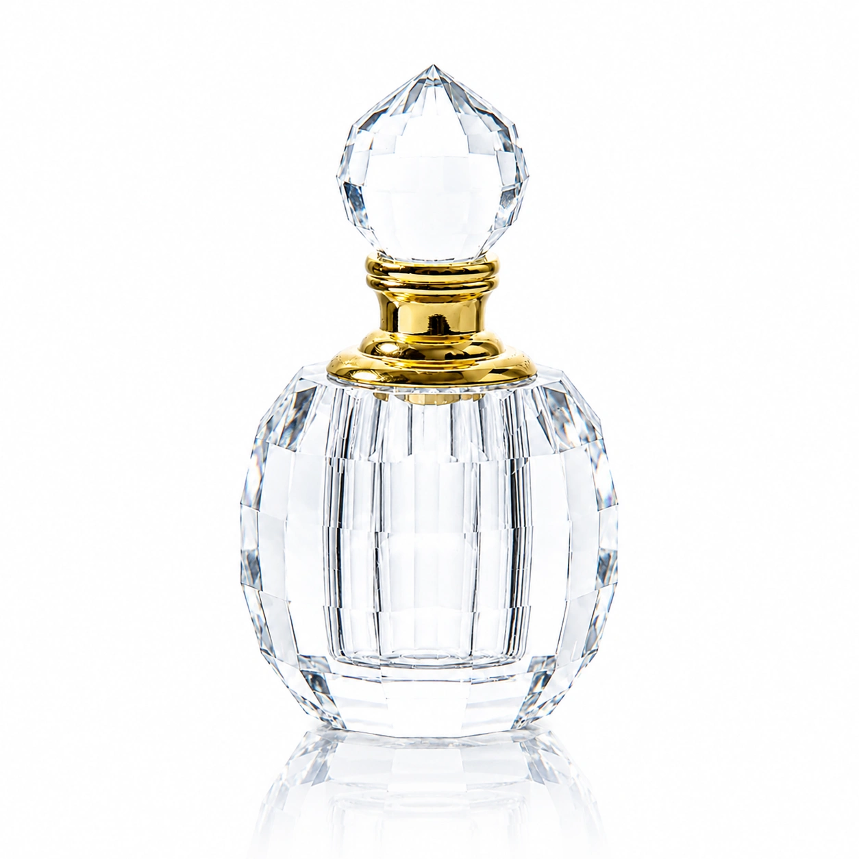 Fluted Crystal Perfume Bottle with Gold Collar & Teardrop Stopper – Clear Glass Fragrance Bottle