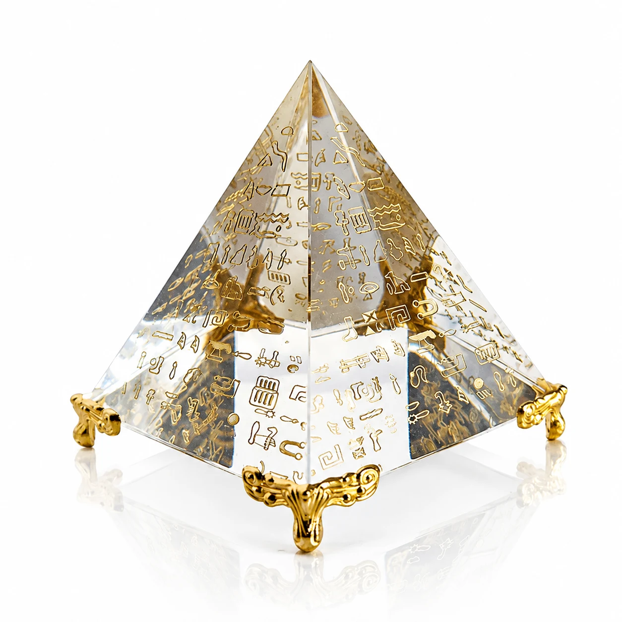Clear Crystal Egyptian Pyramid Ornament with Gold Hieroglyphic Design