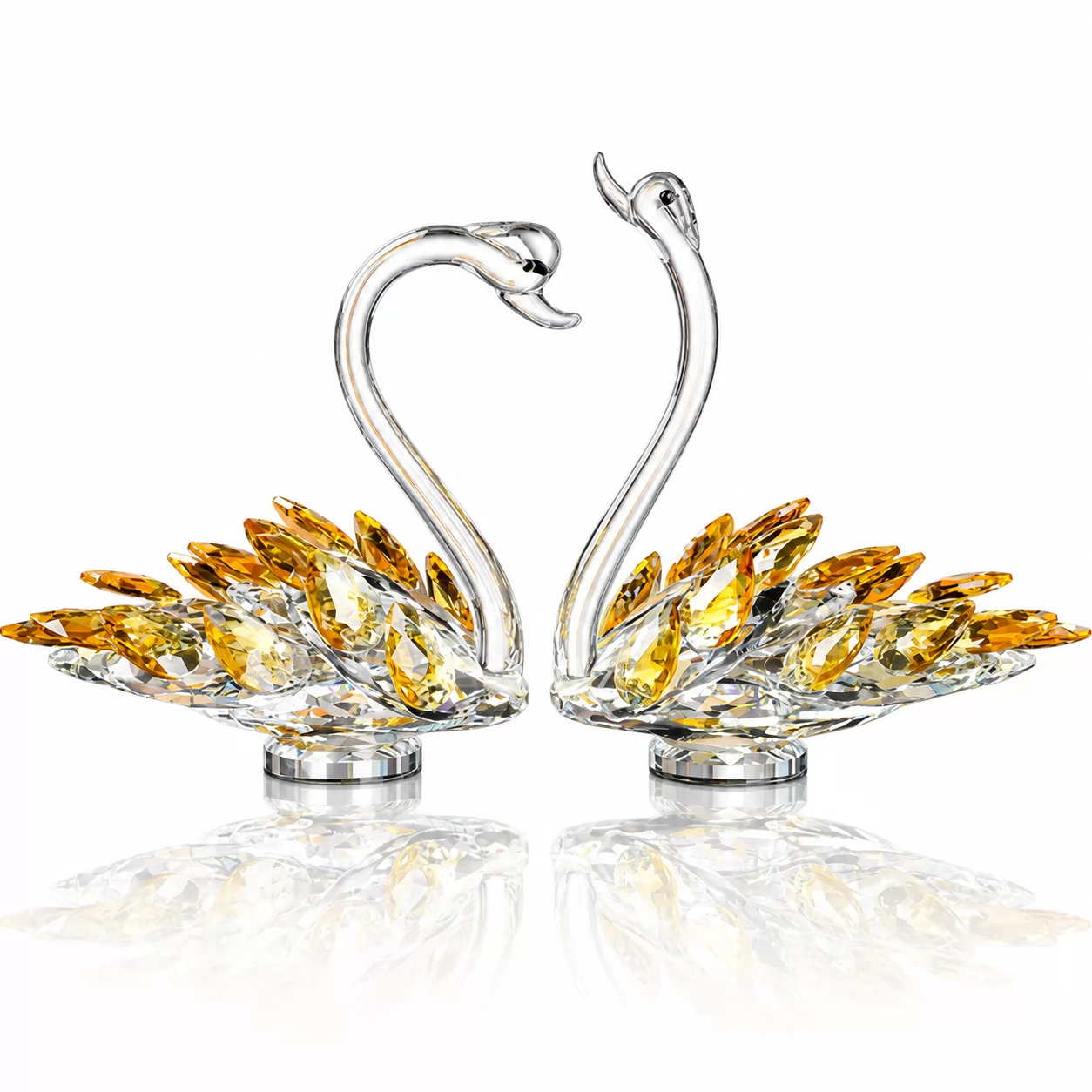Double Swan Crystal Sculpture with Colorful Wings for Anniversary & Wedding Gifts view 4