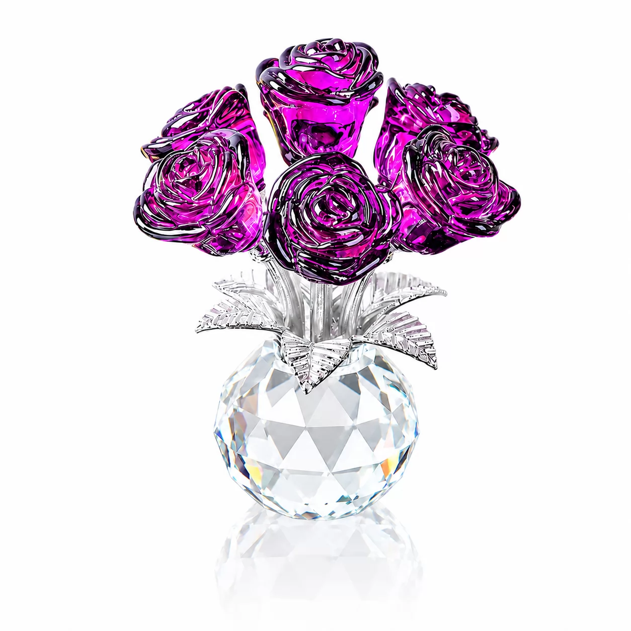 Purple Crystal Rose Bouquet with Faceted Crystal Vase – Luxury Home Decor Centerpiece