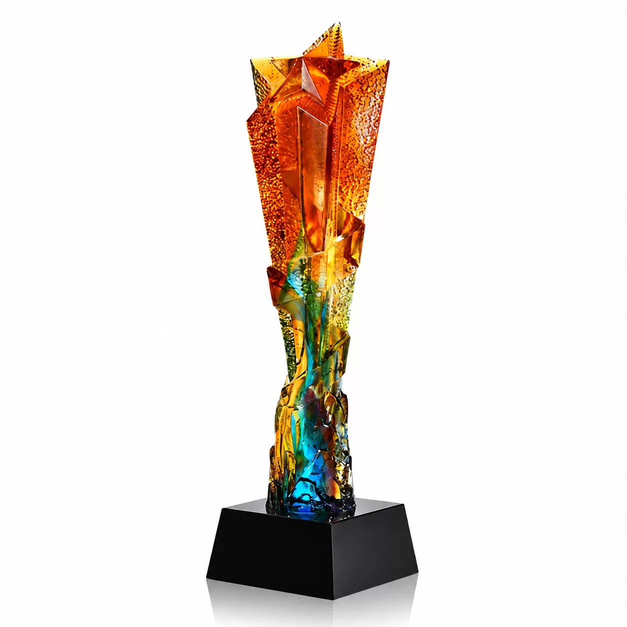 Multicolor Liuli Glass Peak Trophy with Black Base for Business Recognition