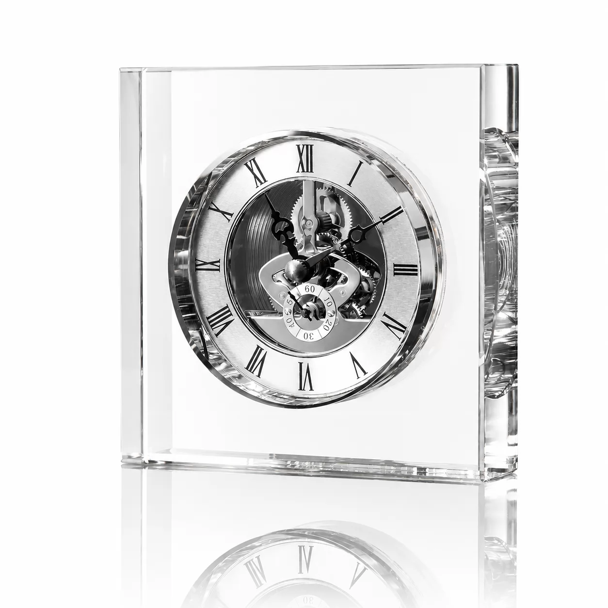 Roman Numeral Crystal Table Clock – Modern Square Design with Visible Gear-Style Movement
