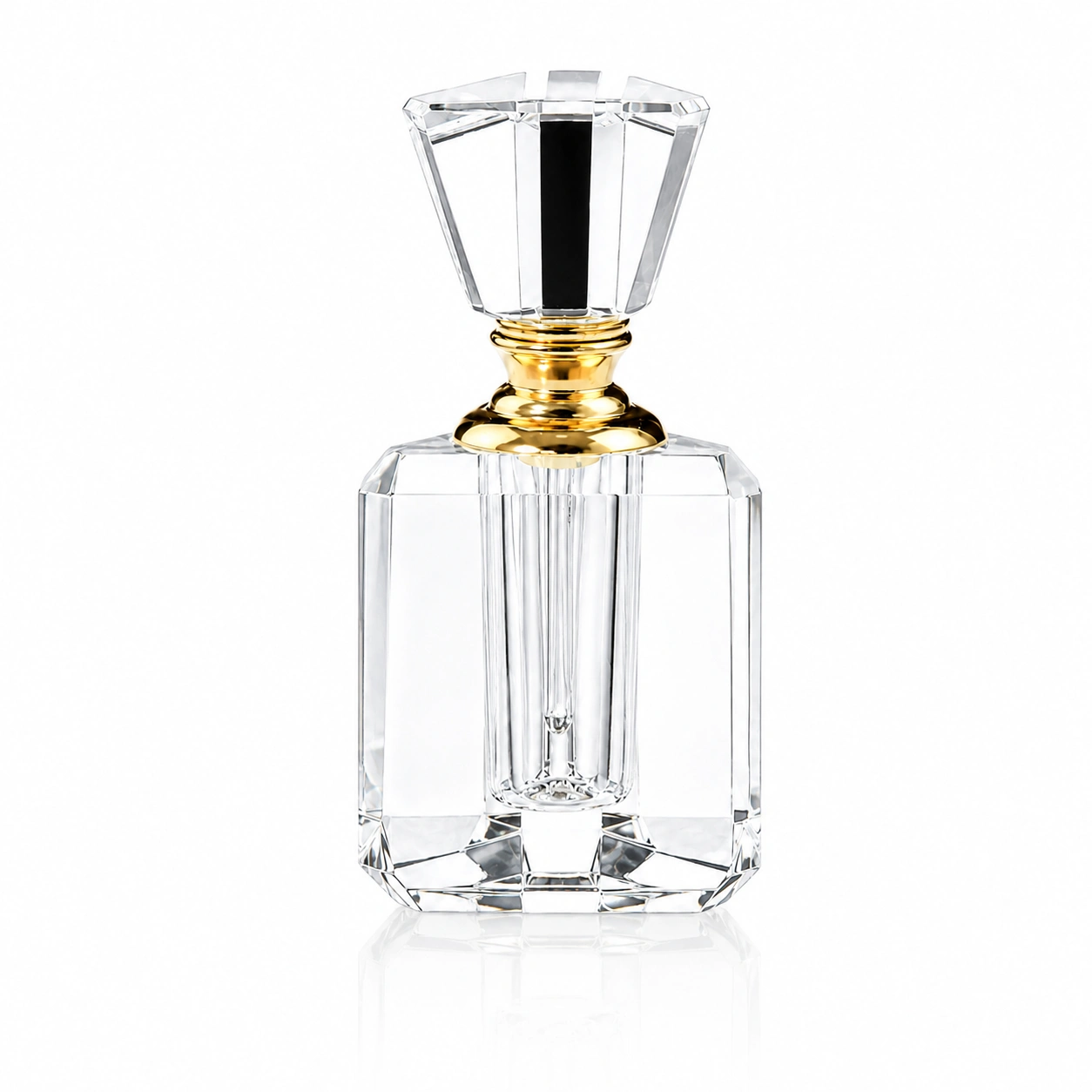 Beveled Rectangular Crystal Perfume Bottle with Trapezoid Stopper – Clear Glass Fragrance Bottle with Gold Accent