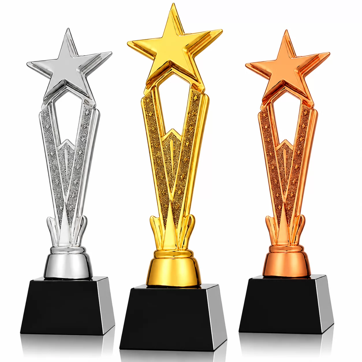 Gold Silver Bronze Star Resin Trophy with Geometric Column for Achievement Awards