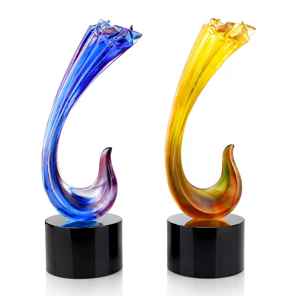 Blue and Amber Liuli Art Glass Award with Sweeping Wave Design for Corporate Recognition
