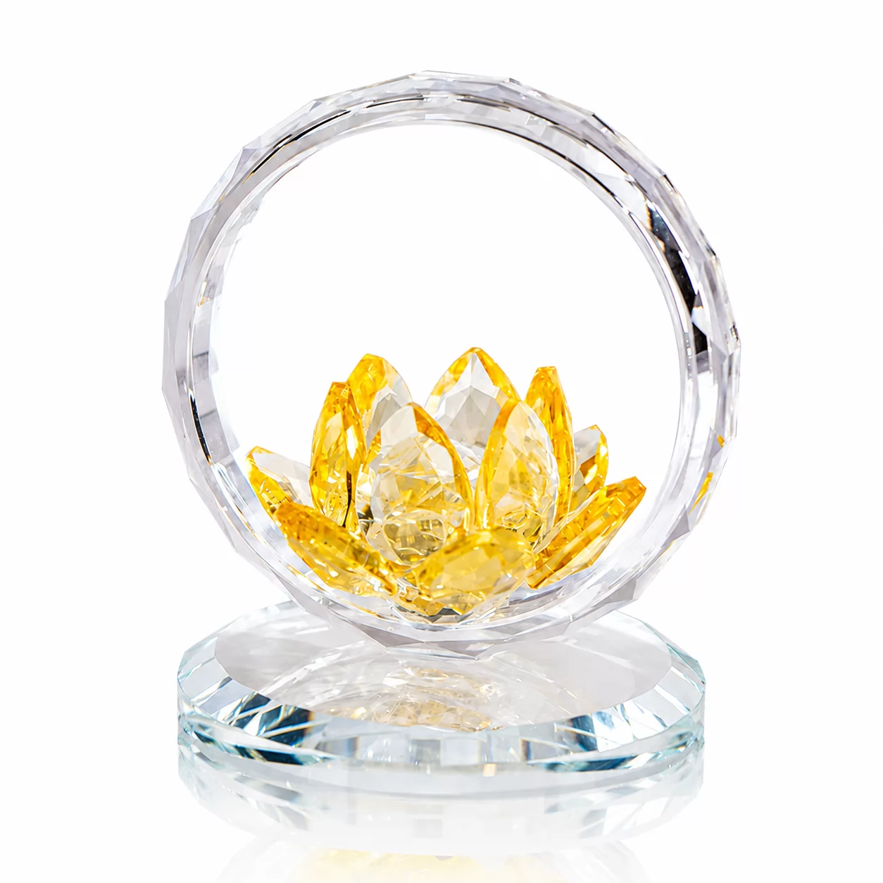 Red Crystal Lotus Flower in Clear Crystal Ring – Elegant Faceted Floral Figurine with Round Base view 7