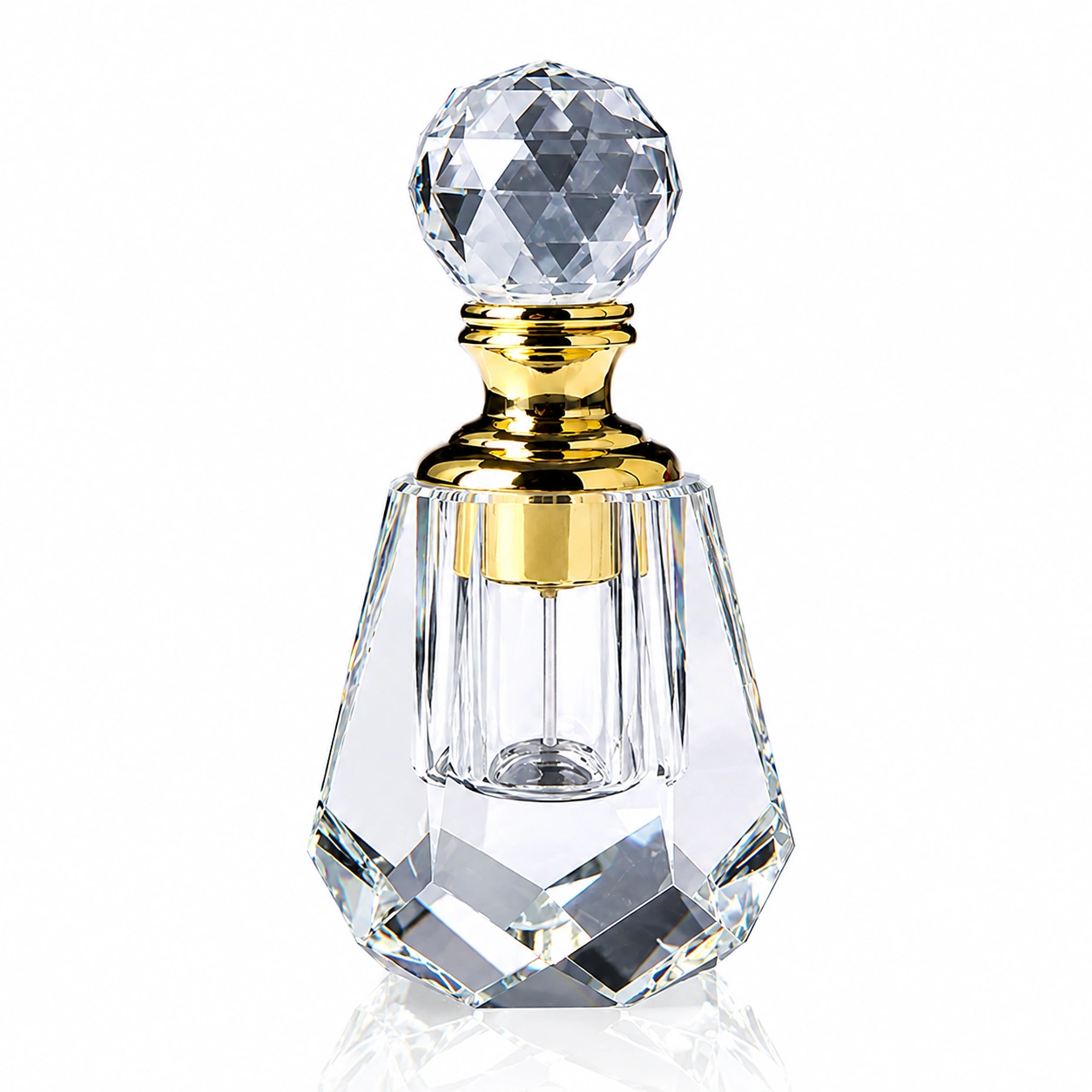 Bell-Shaped Crystal Perfume Bottle with Gold Accent & Faceted Ball Stopper – Clear Glass Fragrance Bottle