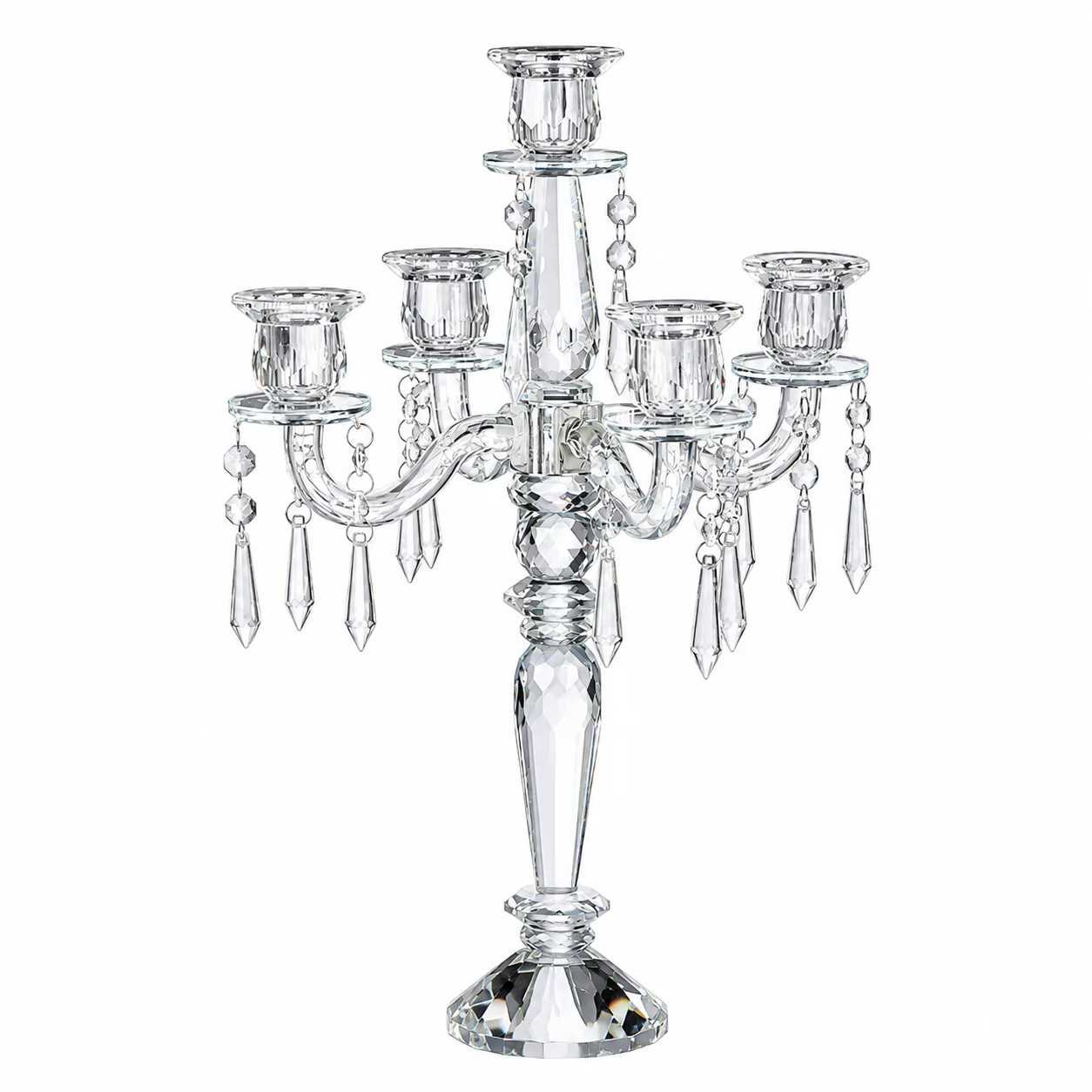 5-Light Crystal Candelabra with Hanging Crystal Drops – Classic Wedding Centerpiece