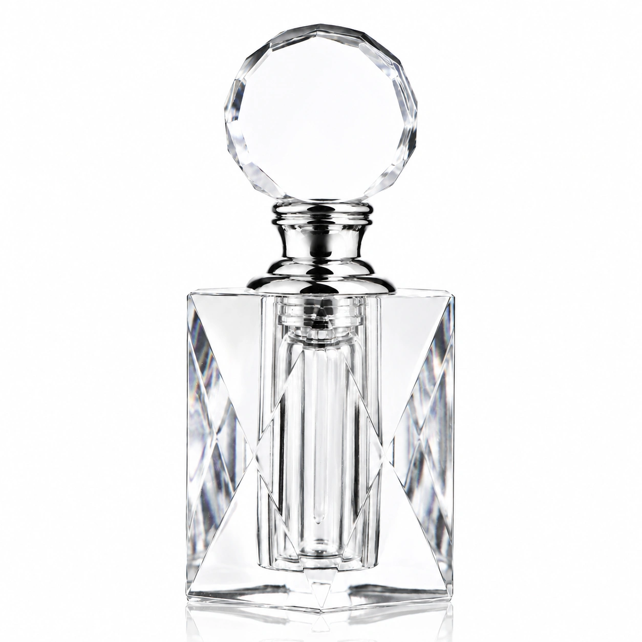 Prism-Cut Crystal Perfume Bottle – Square Glass Scent Bottle with Large Faceted Globe Stopper
