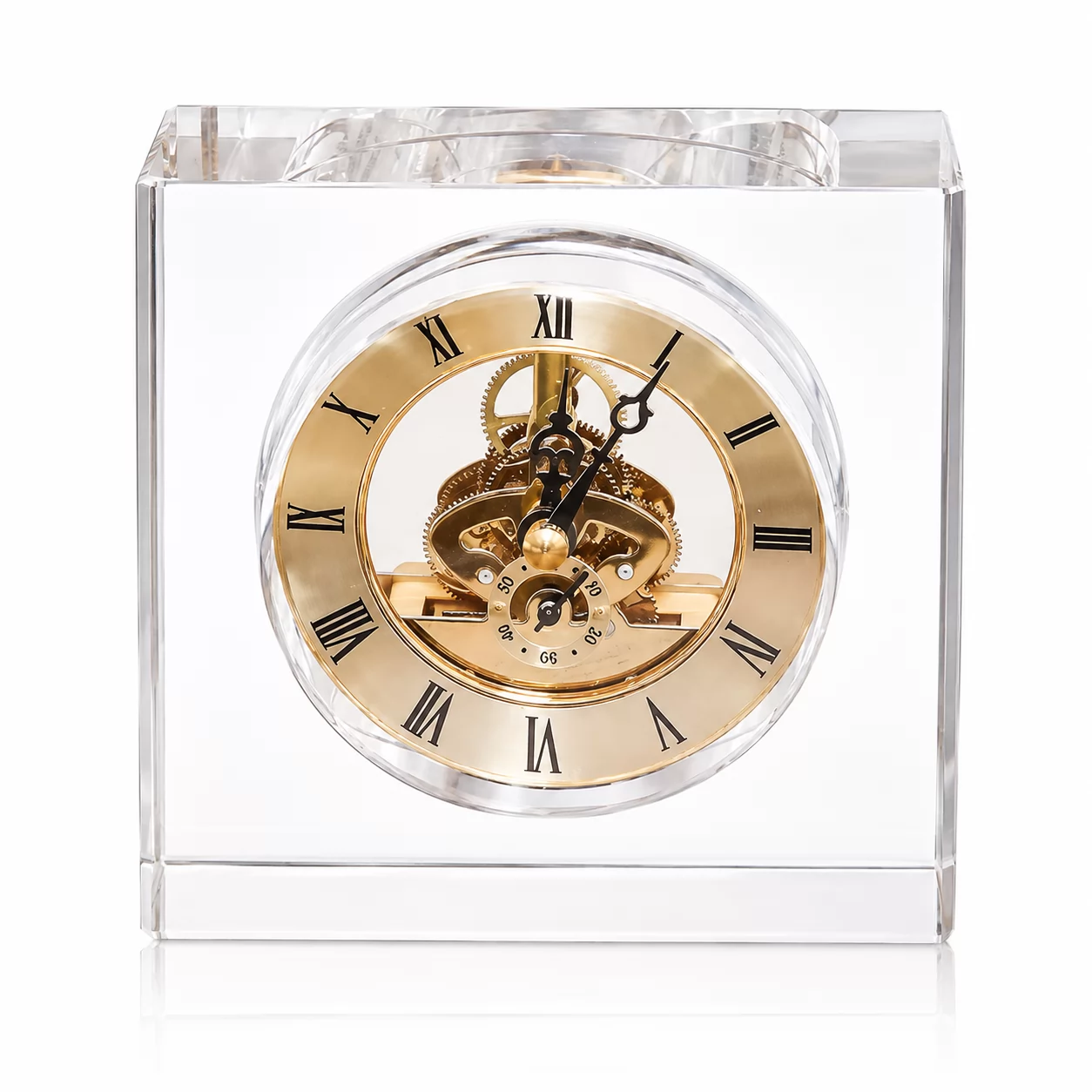 Roman Numeral Crystal Table Clock – Modern Square Design with Visible Gear-Style Movement view 2