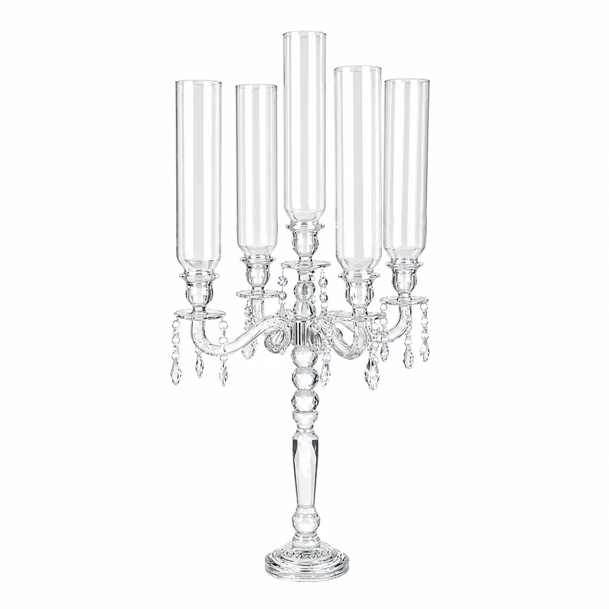5-Light Crystal Candelabra with Glass Cylinders & Hanging Drops – Modern Wedding Decor