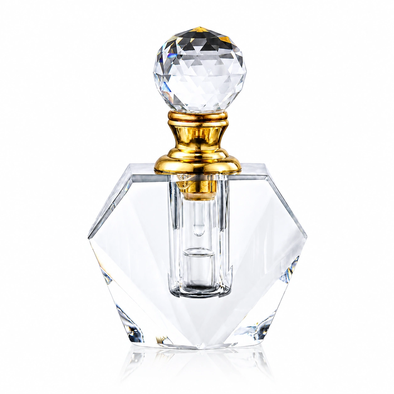 Hexagonal Crystal Perfume Bottle with Gold Accent & Faceted Ball Stopper – Geometric Glass Fragrance Bottle