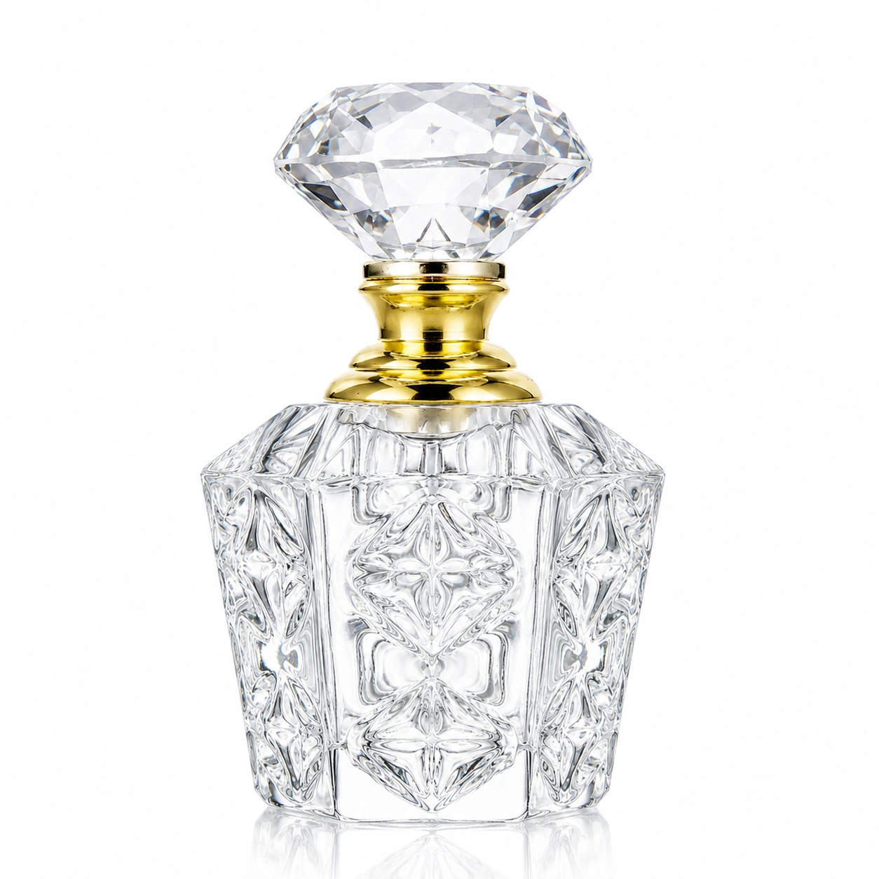 Gold Accent Crystal Perfume Bottle with Diamond Stopper – Ornate Cut Glass Fragrance Bottle