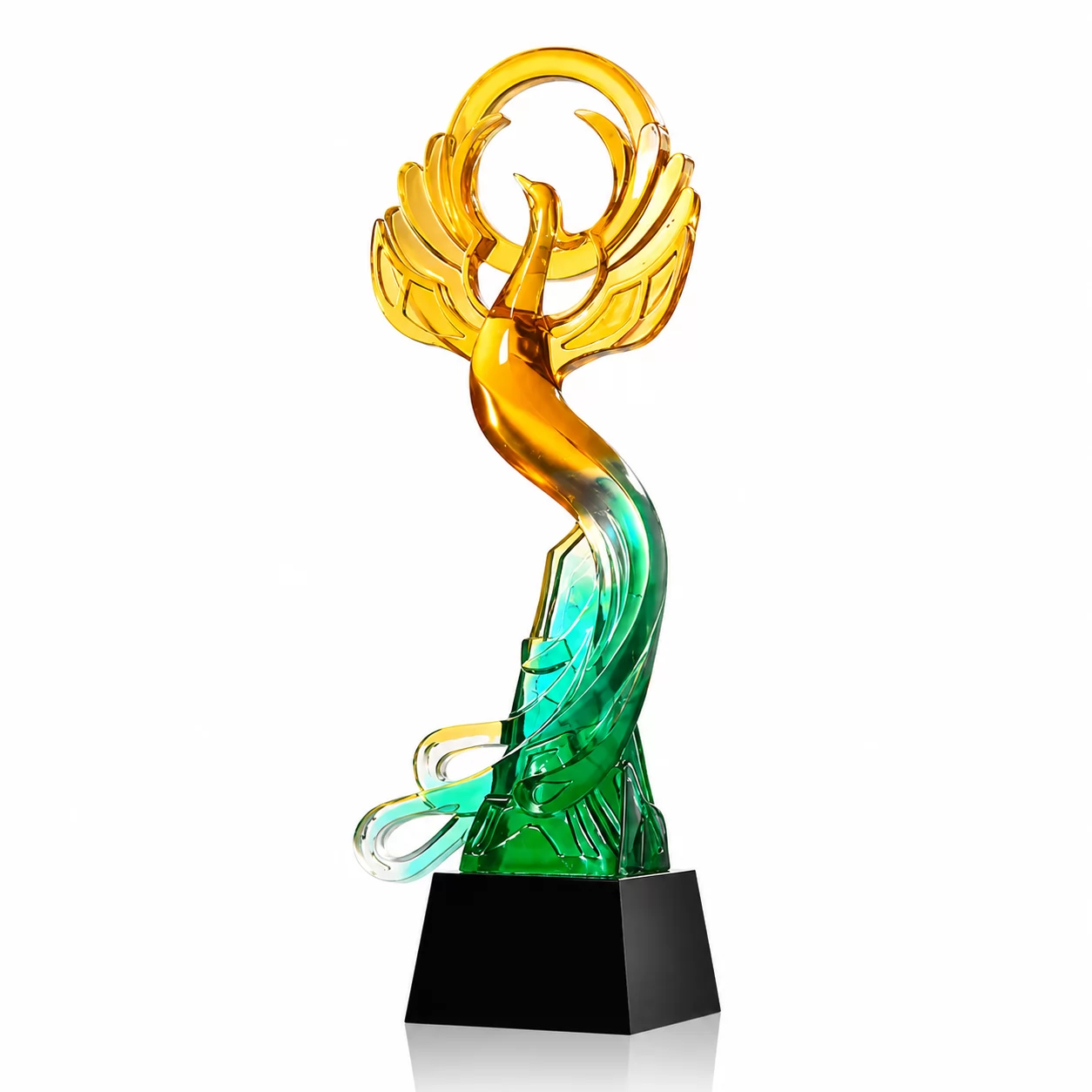 Handcrafted Liuli Art Glass Phoenix Award with Black Base for Corporate Recognition