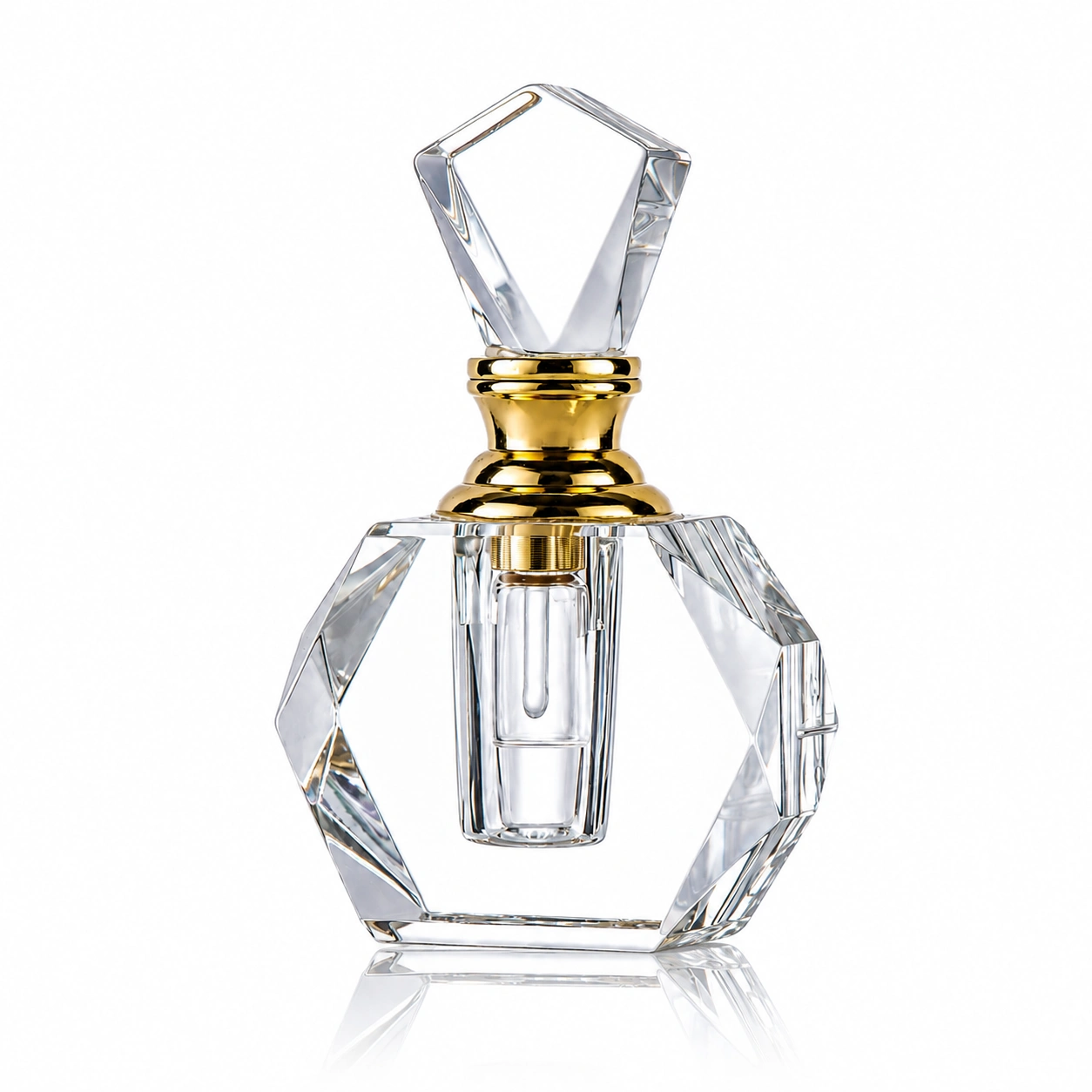 Openwork Geometric Crystal Perfume Bottle with Gold Accent – Clear Glass Fragrance Bottle with Faceted Stopper