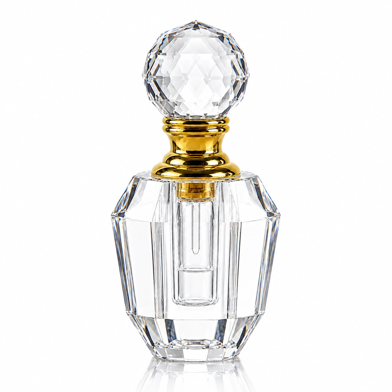 Faceted Barrel Crystal Perfume Bottle with Gold Collar – Clear Glass Fragrance Bottle with Globe Stopper