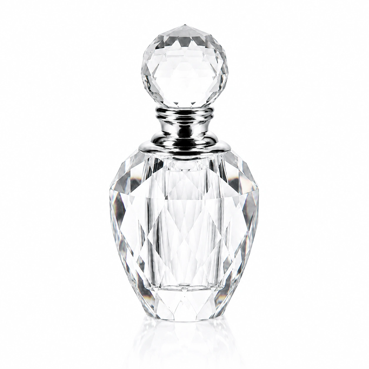Oval Faceted Crystal Perfume Bottle with Silver Accent – Clear Glass Fragrance Bottle with Globe Stopper