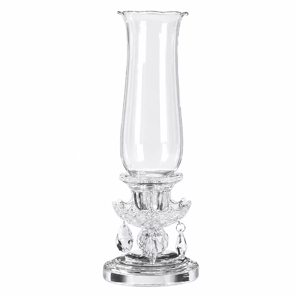 Tall Crystal Hurricane Candle Holder with Hanging Crystal Drops – Luxury Wedding Decor view 3