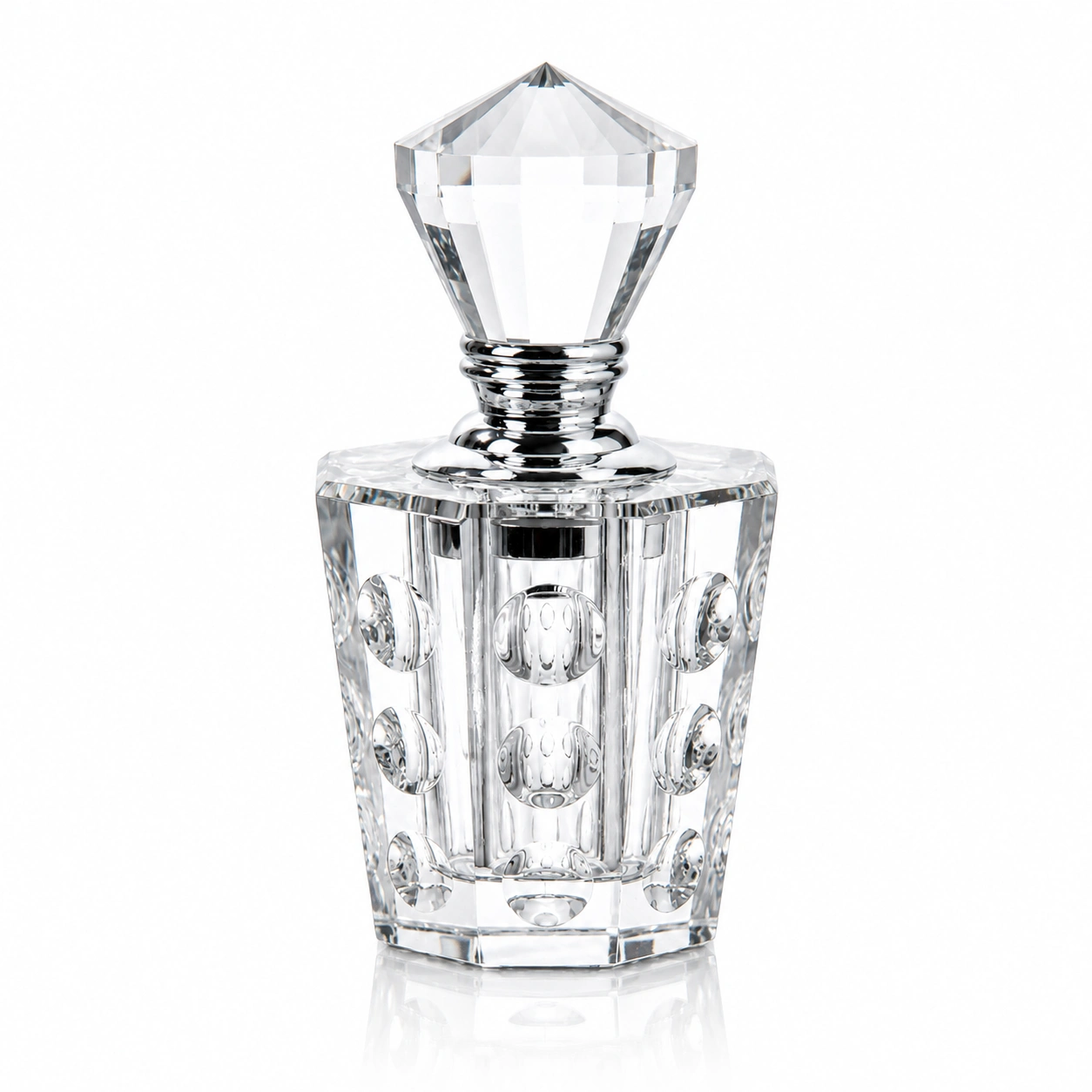 Modern Dot-Cut Crystal Perfume Bottle with Diamond Stopper – Clear Glass Fragrance Bottle