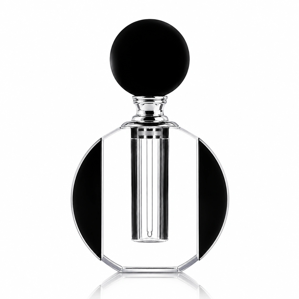 Round Crystal Perfume Bottle with Black Ball Cap – Elegant Decorative Fragrance Vessel
