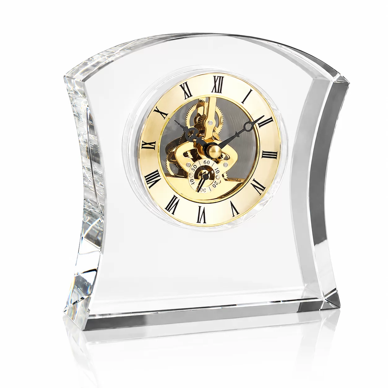 Curved Crystal Skeleton Desk Clock – Gold Openwork Movement with Roman Numeral Dial