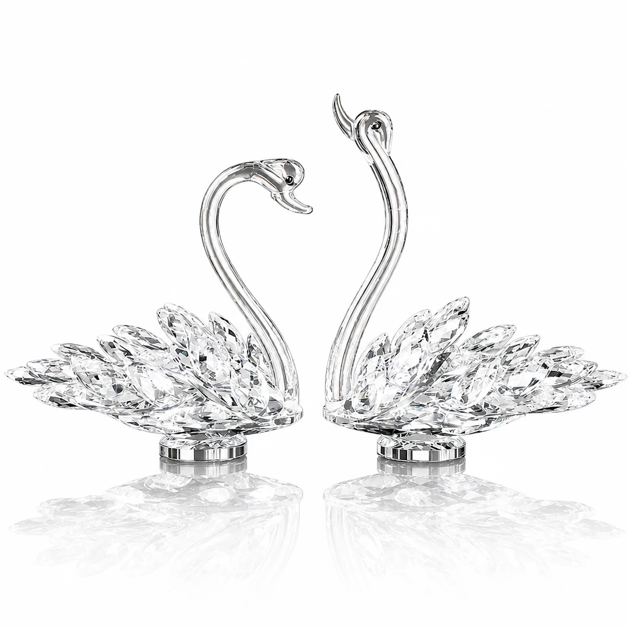 Double Swan Crystal Sculpture with Colorful Wings for Anniversary & Wedding Gifts view 3