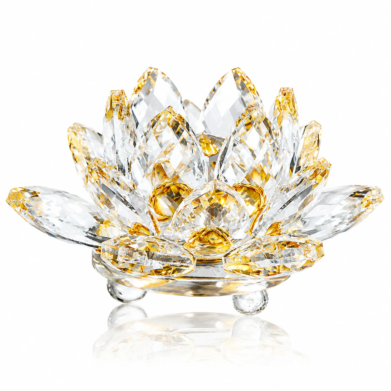 Clear Crystal Lotus Flower Figurine with Golden Accents – Elegant Decorative Centerpiece for Home & Gifts