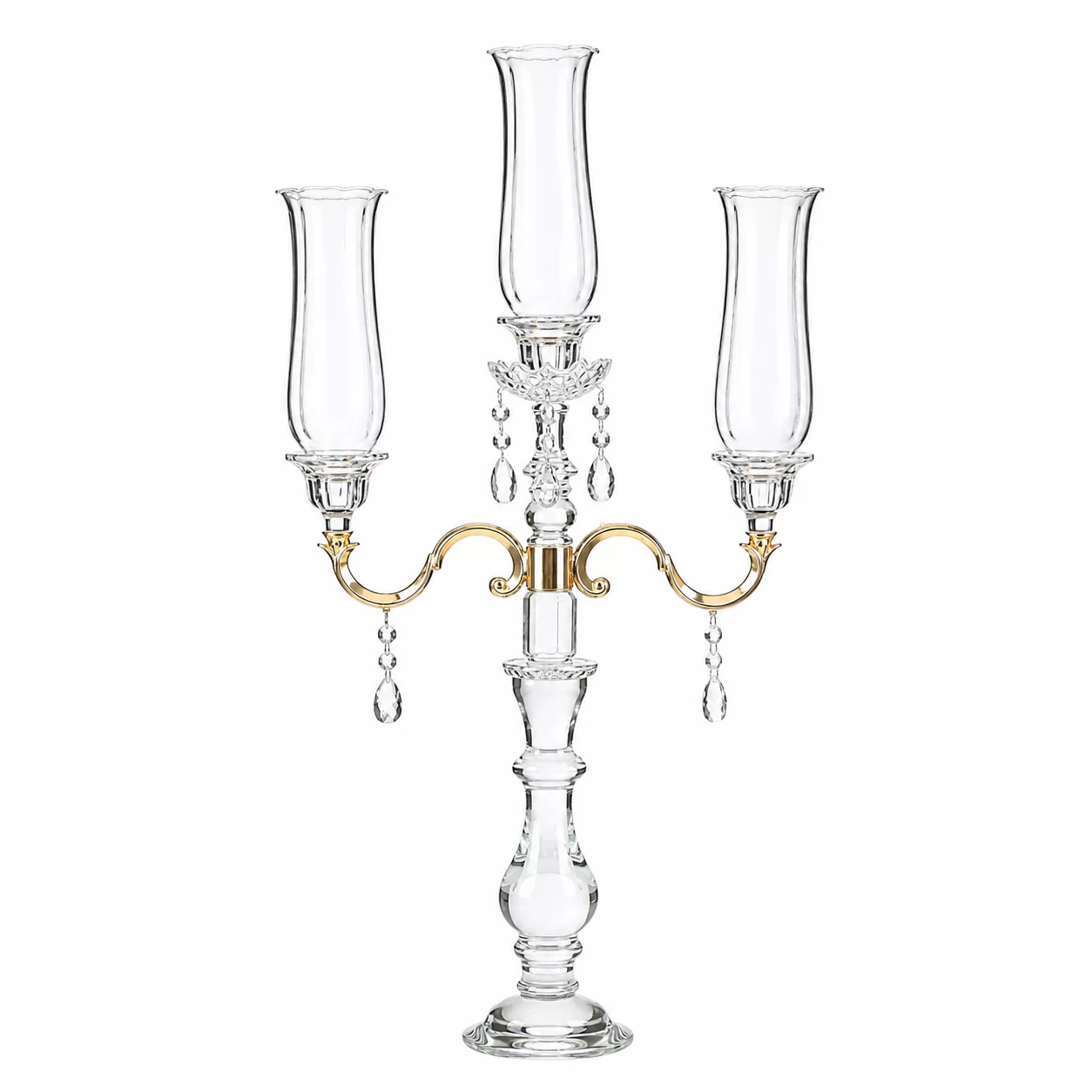 Three Arms Crystal Candle Holder with Gold Accent for Wedding & Event Decor