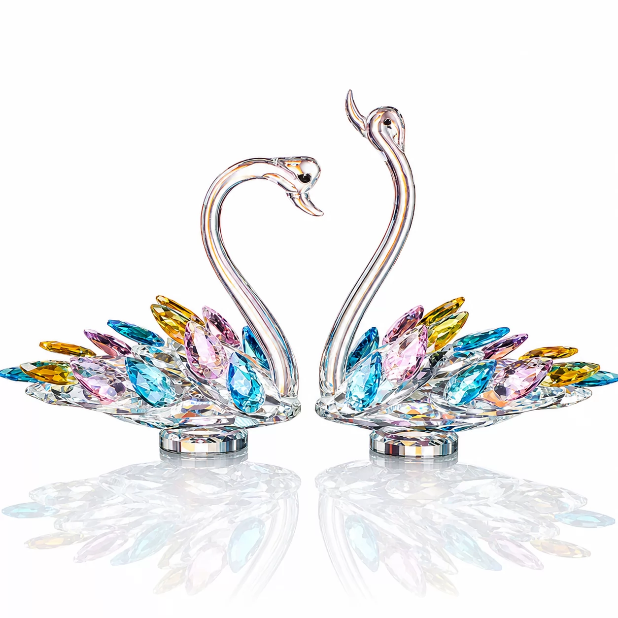 Double Swan Crystal Sculpture with Colorful Wings for Anniversary & Wedding Gifts