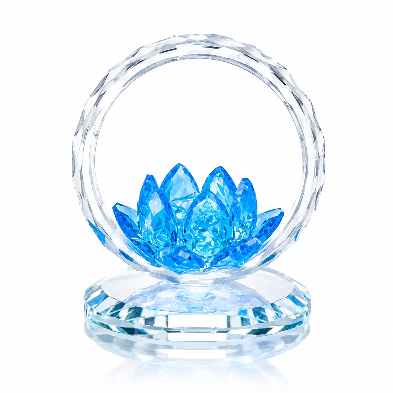 Red Crystal Lotus Flower in Clear Crystal Ring – Elegant Faceted Floral Figurine with Round Base view 4