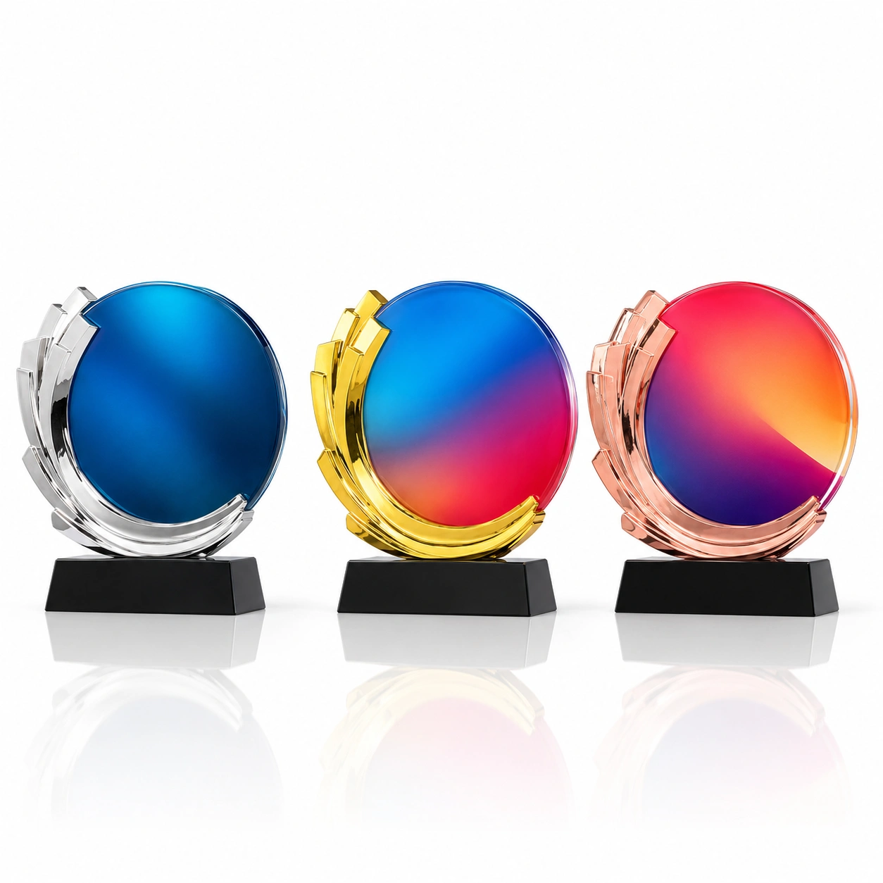 Round Crystal Award with Metallic Crescent Frame – Custom Corporate Recognition Trophy