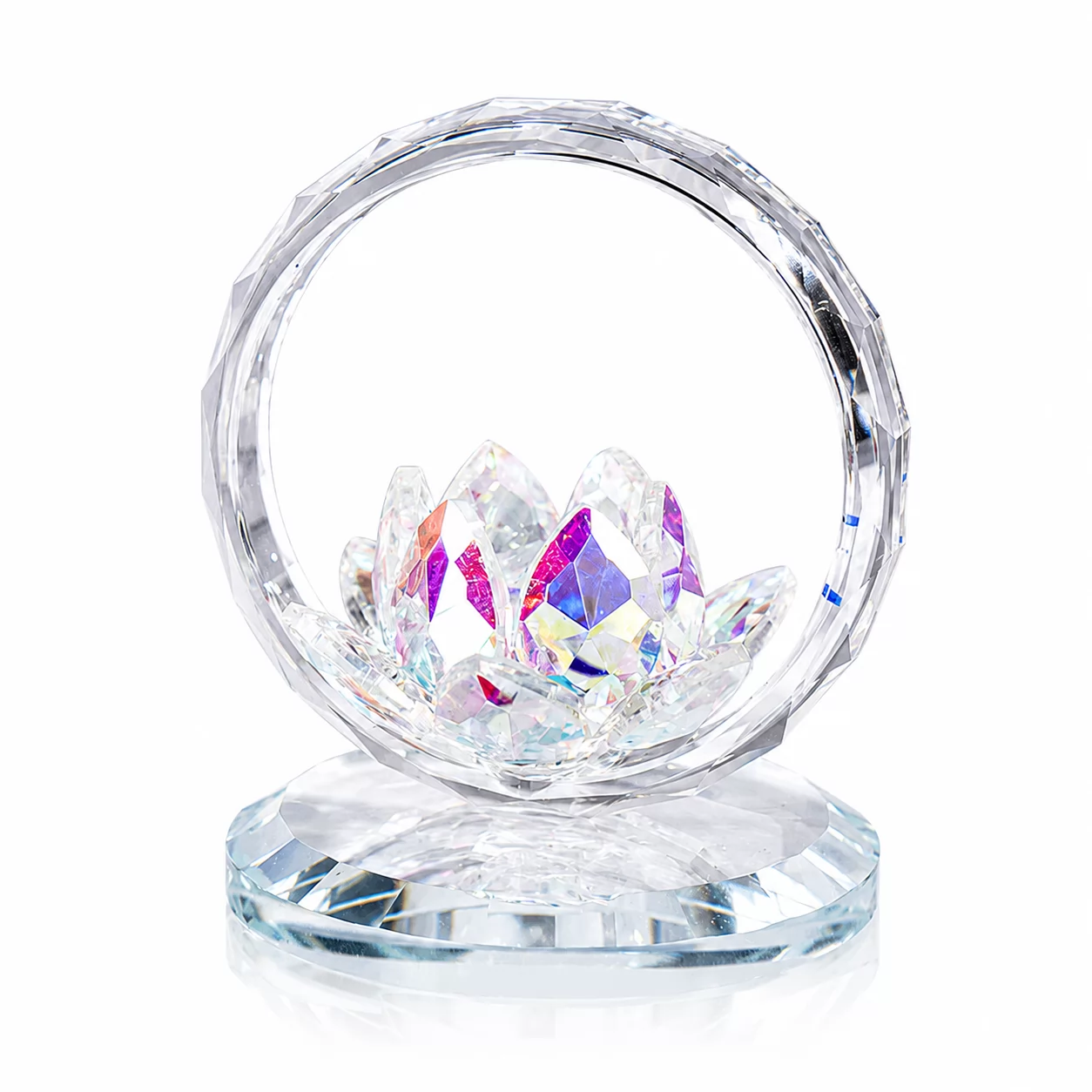 Red Crystal Lotus Flower in Clear Crystal Ring – Elegant Faceted Floral Figurine with Round Base