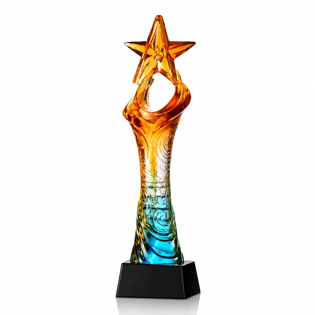 Amber Blue Liuli Glass Achievement Trophy with Sculpted Star Design