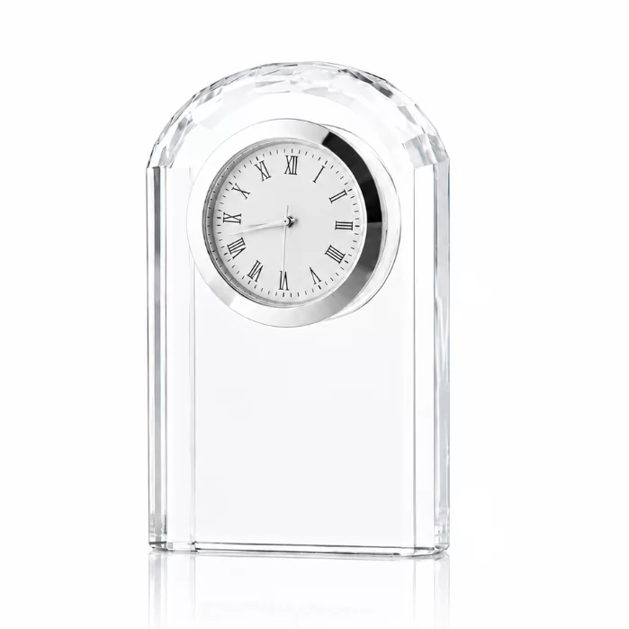 Clear Crystal Arch Desk Clock – Elegant Faceted Timepiece for Office, Home & Corporate Gifts